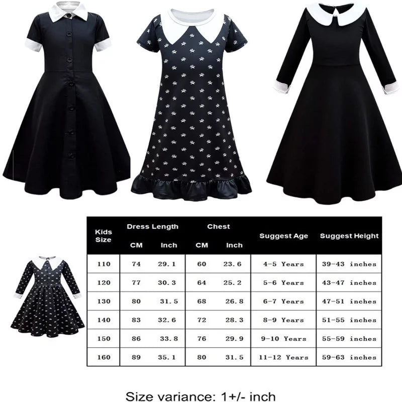 Cosplay Outfit Girls Dress Sleeve Wig TV Addams Long Skirt Clothes 2022 with Hkiytime Kids Dress Series Halloween Wednesday