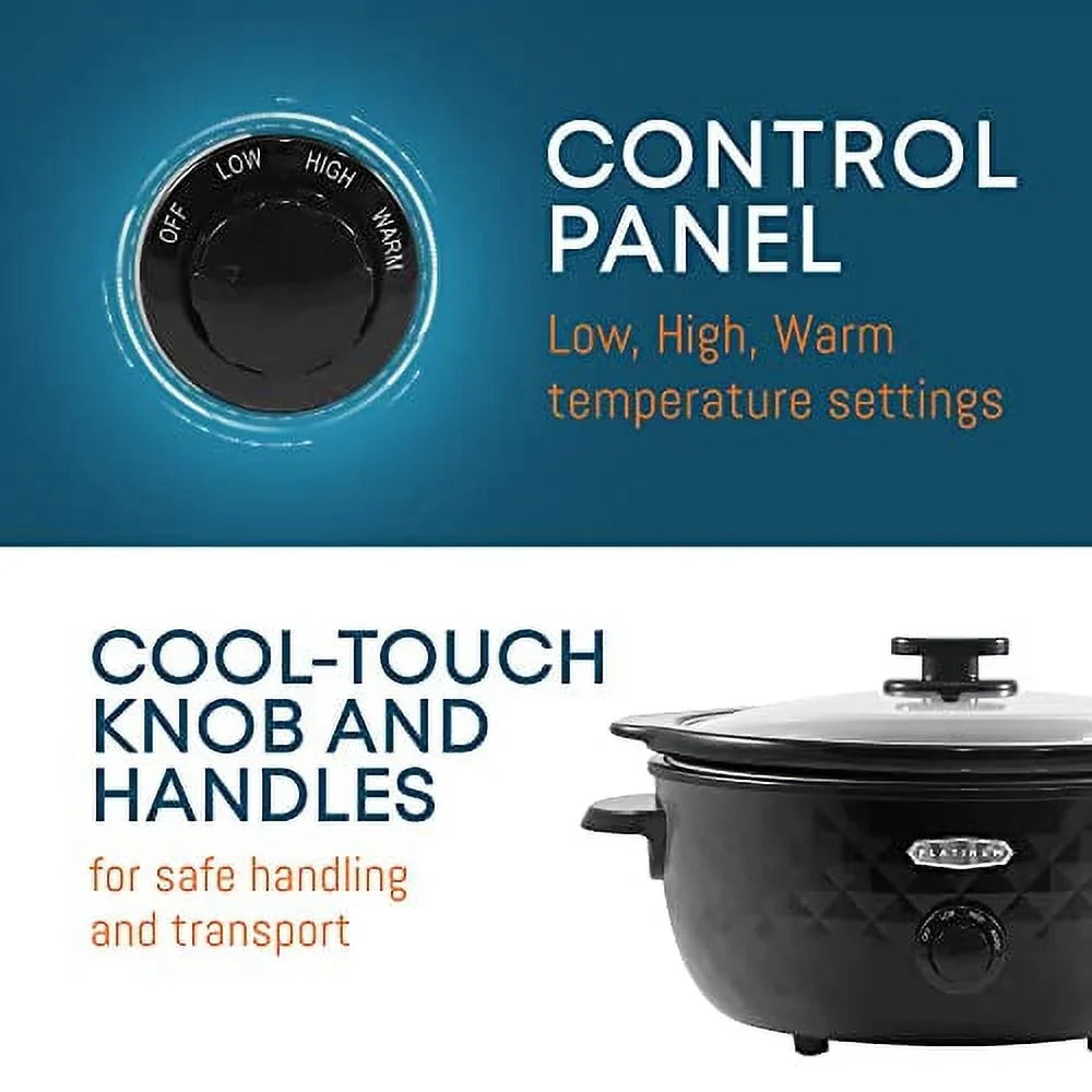 Tempered Charcoal MST1234BX# Quart, Diamond 6 Removable, Pattern Lid, Cool-Touch with Cooker Glass Black Elite Stoneware Handles, Dishwasher-Safe Pot Gourmet Slow