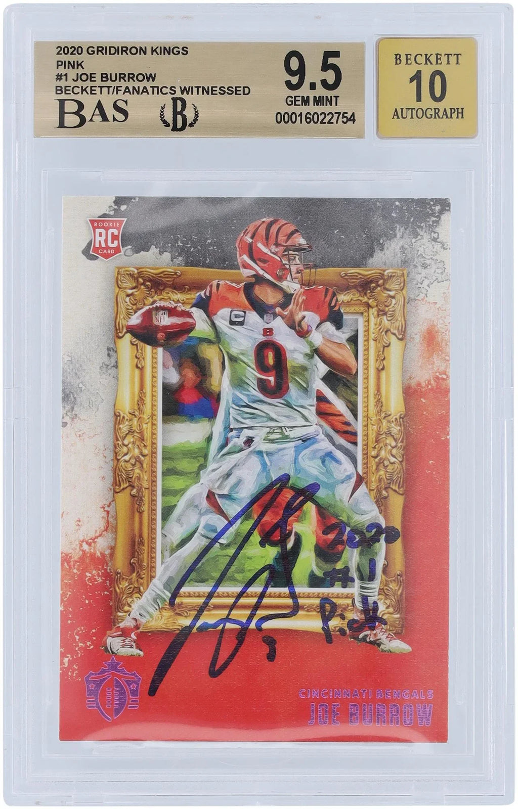 Beckett Authentic Fanatics Panini 9.5/10 Witnessed Fanatics Bengals Subgrades Certified 2020 Card - Burrow - Gridiron 9.5,9,9.5,10 Pink #GK-1 Autographed Cincinnati Joe Authenticated Kings Rookie