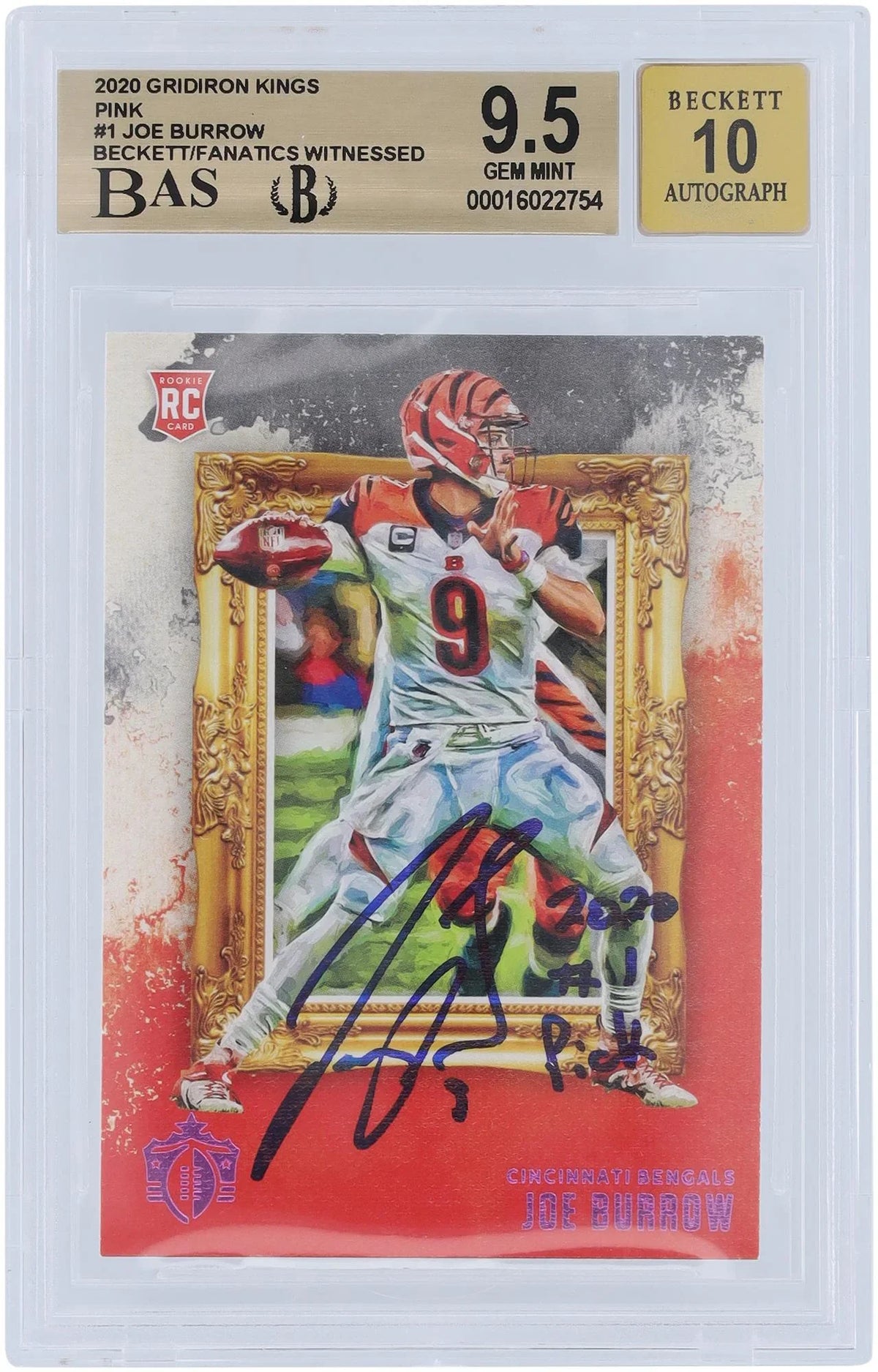 Beckett Authentic Fanatics Panini 9.5/10 Witnessed Fanatics Bengals Subgrades Certified 2020 Card - Burrow - Gridiron 9.5,9,9.5,10 Pink #GK-1 Autographed Cincinnati Joe Authenticated Kings Rookie