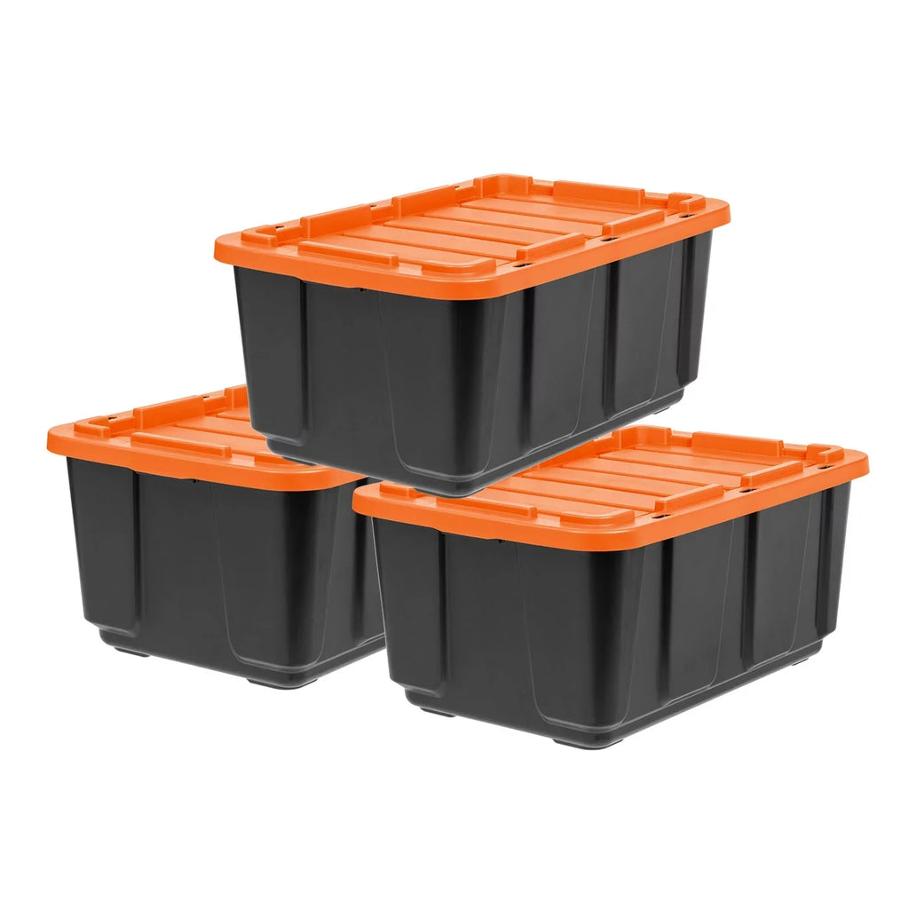 Orange Black 3 108qt/27gal Pack with USA Utility IRIS Lid Tote, Tough Heavy Duty