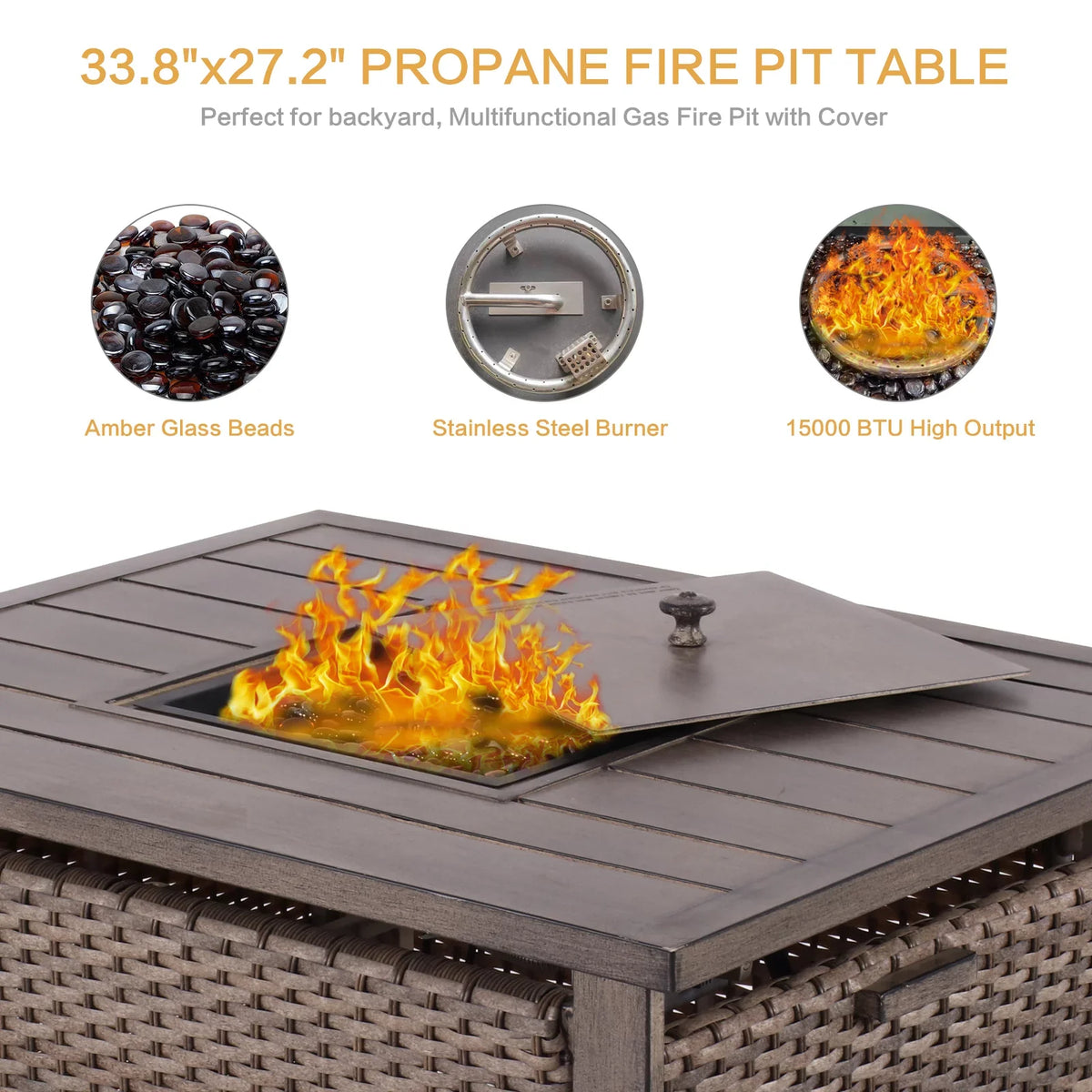 BTU Pit Chairs Table, All-Weather Wicker 5 Outdoor Motion Table, with & for Piece Rocking 4 Propane Gas Garden Set Furniture Fire Yard Deck Patio Firepit Set Conversation 33.8"x27.2" 15000