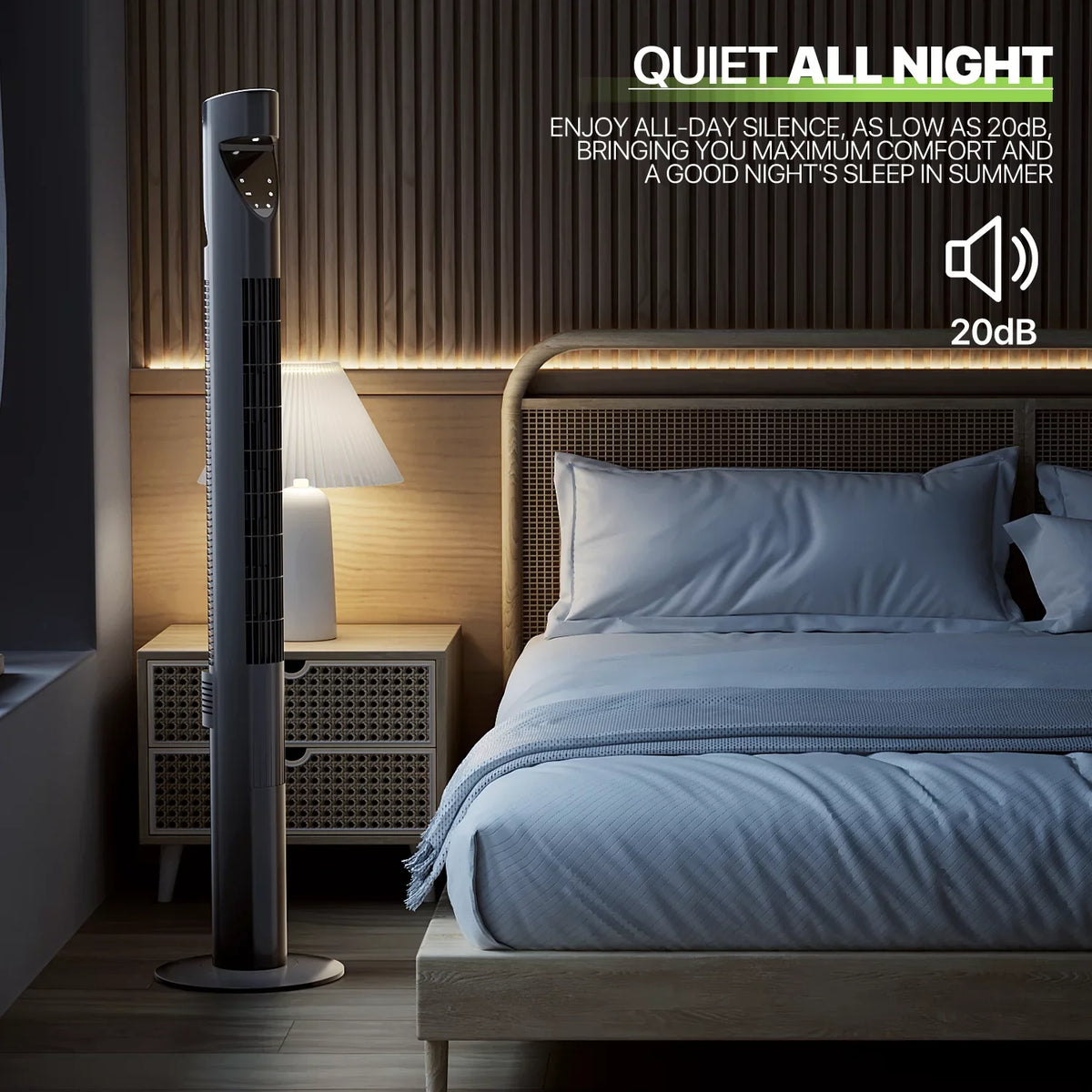 Noise Fan Tower LED 3-Speeds Low USA 47"Oscillating w/Remote Fan & Bladeless