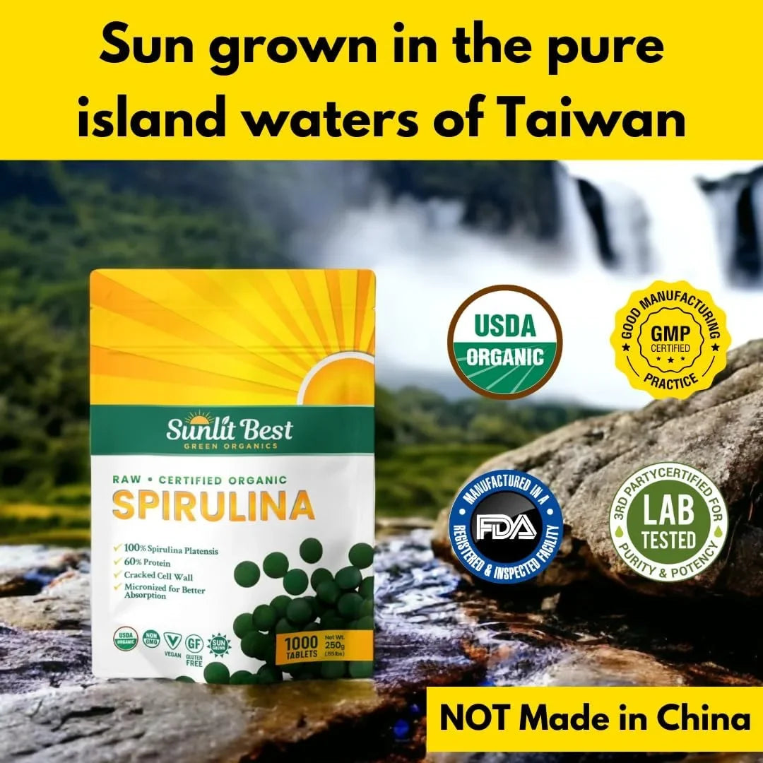 Natural USDA Health Superfood - with Tablet Protein Drink 1000 Supplements Non Greens High & Gut Spirulina Tablets Tab for & Energy Organic Vegan Support, Chlorophyll, Super - Best Sunlit Immune GMO,