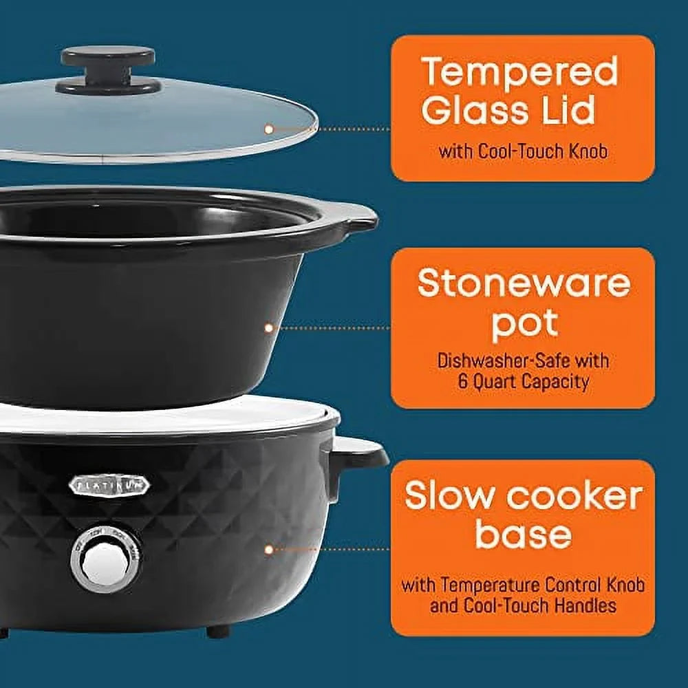 Tempered Charcoal MST1234BX# Quart, Diamond 6 Removable, Pattern Lid, Cool-Touch with Cooker Glass Black Elite Stoneware Handles, Dishwasher-Safe Pot Gourmet Slow