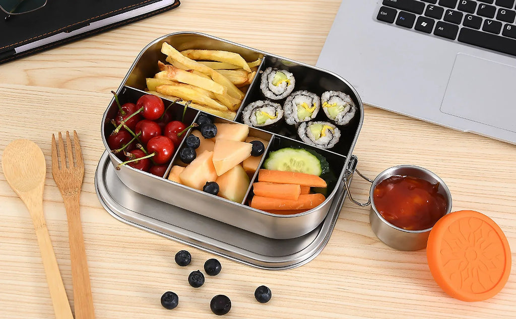 Bento Container Lunch Leak Proof 5-Compartment UPTRUST Bento Steel Food Lockable Clips Adults Box to for Stainless or Lunch 1400ML Large Kids Container, Metal Box with